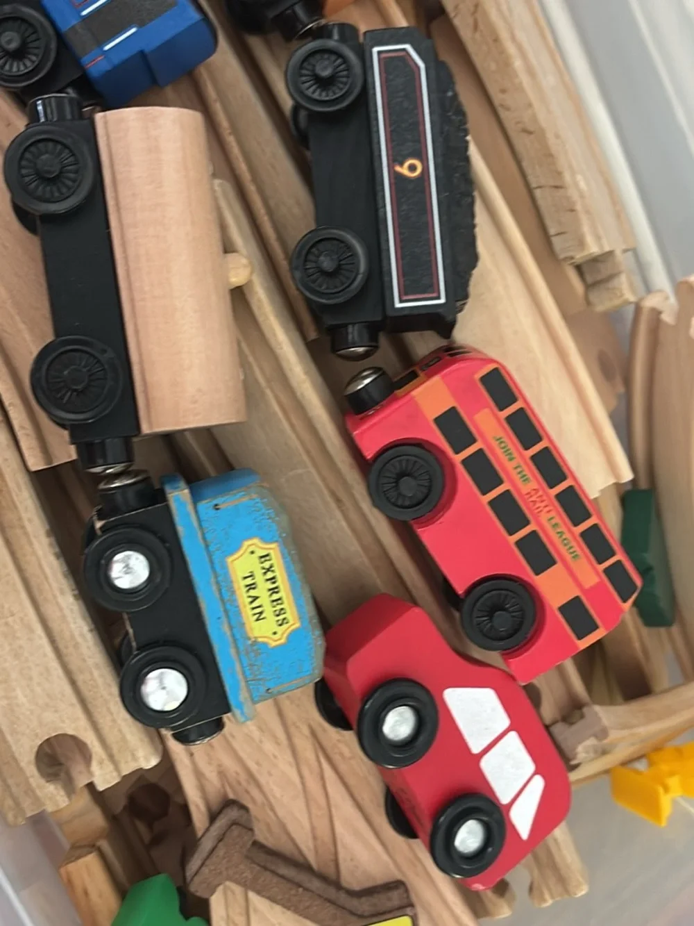 60-pc wooden train tracks & 7- pc wooden freight train set bundle